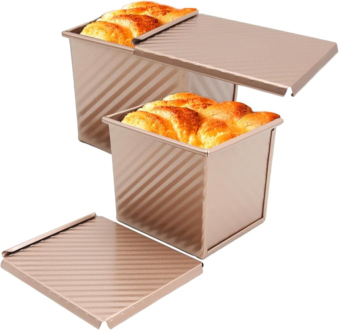 Saihisday 2Pcs Nonstick Square Loaf Pan With Lid, 4.53 x 3.94 x 4.33inch Mini Square Toast Box for Home Baking, Mini Cube Toast Box Ideal Baking Set Gift for Bread Lover(250g)