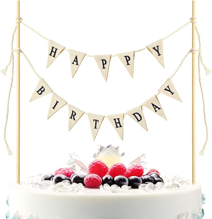 Happy Birthday Cake Toppers Bunting Happy Birthday Cake Banner Garland | Happy Birthday Sign For Cake Decoration Happy Birthday Topper For Bouquet With Wood Pole Beige