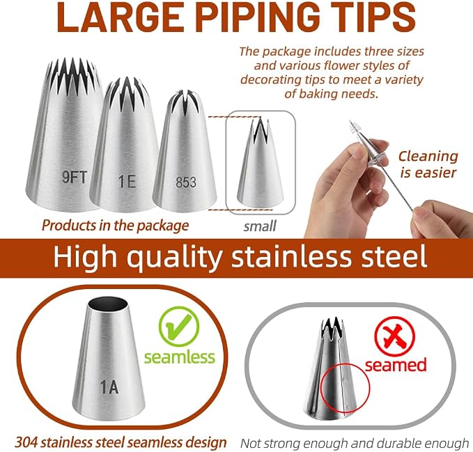 9PCS Large Piping Tips Set,Balanced variety Cake Decorating Tips with brush | for all skill levels baker,Traditional Standard Tips Baking Tools for making Cupcakes,cookies,Cake Decorating