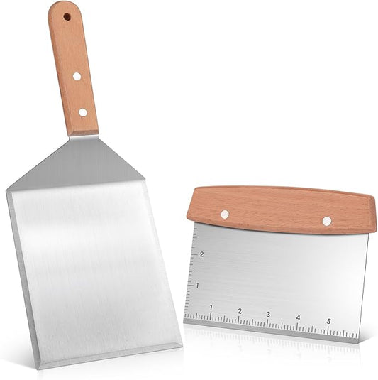 Flyisland Blackstone Bench Scraper and Grill Spatula Set, Stainless Steel Heavy Duty Hamburger Turner with Cutting Edges, Flat Top Griddle Pancake Flipper