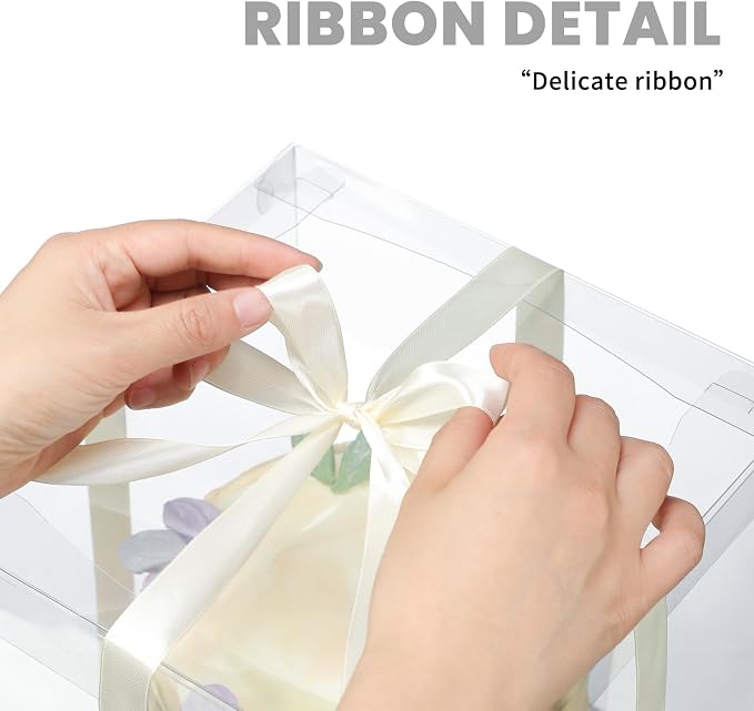8 Pcs Clear Gift Box with Ribbon 3-Layer 10x10x12 Inch, Transparent Cake Carrier Box with Lids, PET Tall Cake Packaging Boxes, Clear Gift Boxes for Birthday,Wedding and Festival Party