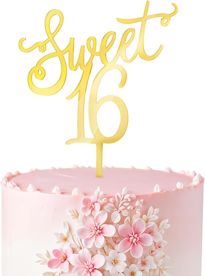 Ouligay Acrylic Sweet 16 Cake Topper Happy 16th Birthday Cake Topper Cheer to 16th Birthday Party Cake Decoration Gold