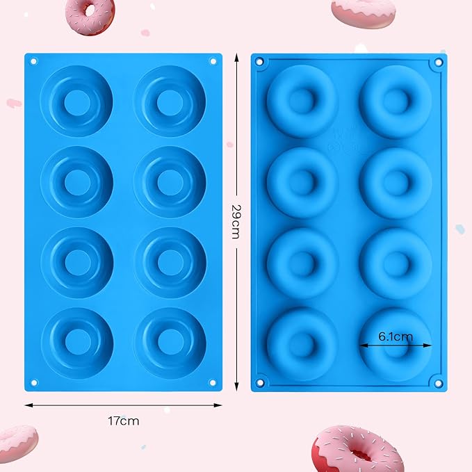 2er Pack Silicone Donut Mold - Non-Stick Silicone Doughnut Pan DIY Chocolate Baking Cookie Molds, Heat Resistant, Make Donut Cake Biscuit Bagels, BPA Free Dishwasher Safe (blue, 8 Cavities)