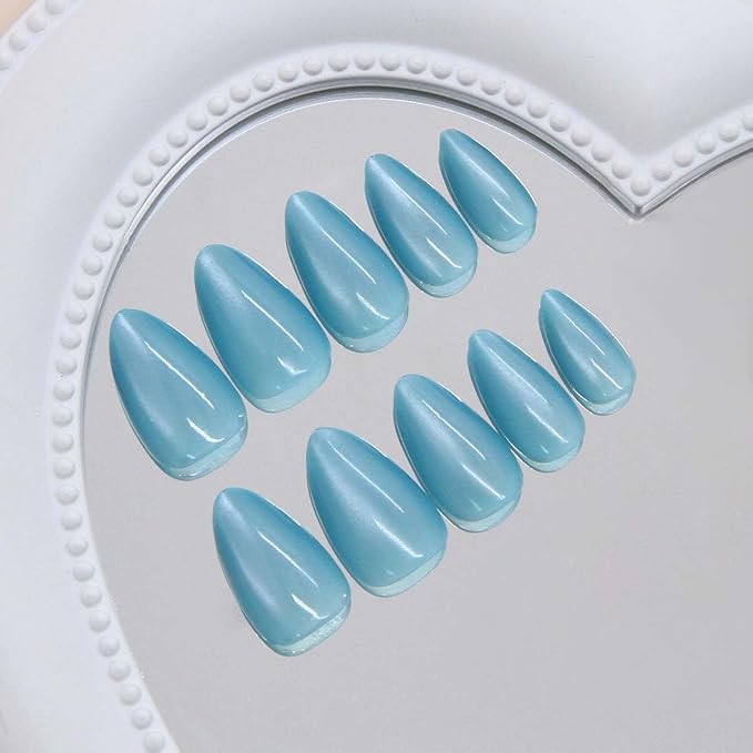 30Pcs French Press on Nails Short Almond ZWENJIE Cat Eye Fake Nails Press ons Nail Tips Stick on Nails Glossy Acrylic Nails Kit False Nails with Light Brown Design Nail Art for Women Glitter Manicure