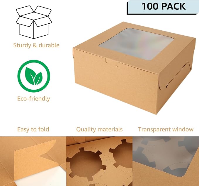 100 PCS Cupcake Boxes 4 Count Cupcake Containers Brown Kraft Paper Cupcake Boxes Treat Boxes with Insert 4 Cavity for Muffins Cookies Cupcakes Macarons Donuts（6x6x3 Inch）