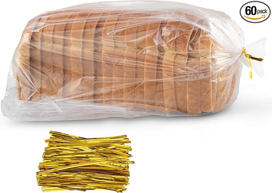Bread Bags with Ties, Reusable,60 Clear Bags and 60 Ties, Bread Bags For Homemade Bread And Bakery Loaf Adjustable Reusable(60)