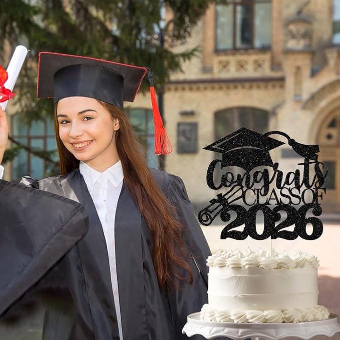 Congrats Class Of 2026 Cake Topper, Glitter Graduation Party Supplies - High School College Graduates -College Graduate Cake Topper Decorations Supplies(Congrats Class Of 2026 black)