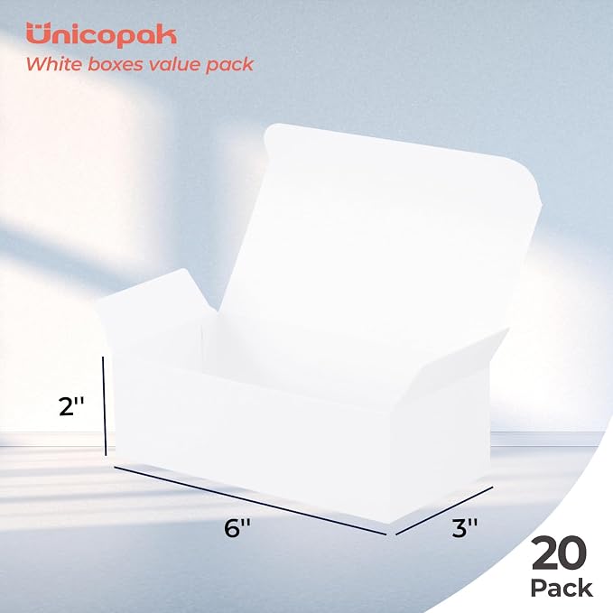 UnicoPak 20 Pack 6x3x2 Small Gift Boxes, Food Grade Material, White Candy Boxes for Fudge Candy Chocolate Treat Goodie, Ideal for Birthday Christmas Party Homemade Business