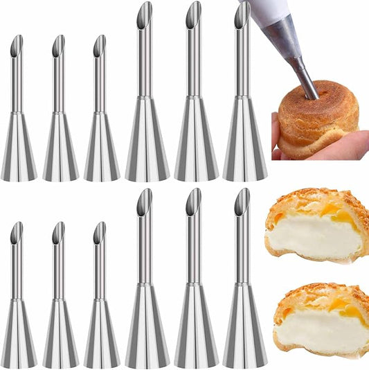 12 PCS Cream Icing Piping Nozzle Tip Stainless Steel Long Cream Puff Piping Tips Cake Decorating Tools Multipurpose Pastry Piping for Small Pastries Puffs Cupcakes Filling Donuts Other Pastries