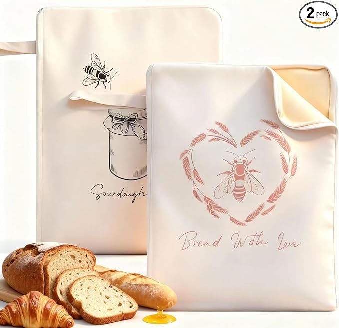 Premium Beeswax Bread Bags for Sourdough with Wide Zipper Access, 2 Pack XL(13x17in) Reusable Organic Beeswax-Coated Linen Cotton Bread Bags for Homemade Bread, Keeps Bread Fresh Naturally