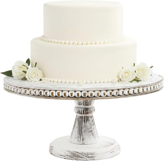 Peohud 12 Inch White Wood Cake Stand, Round Cupcake Pedestal Stand with Beads, Distressed Dessert Display Riser Tray for Wedding Birthday Christmas Party Table Decor