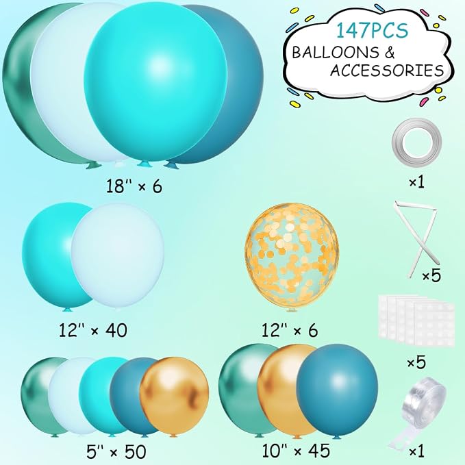 MEBAY Teal Balloons Garland Arch Kit, 147PCS Teal Blue Turquoise Green Metallic Gold Balloons with Confetti for Wedding Baby Shower Birthday Party Decorations