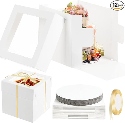 12 Sets 10 Inch Cake Box with Boards 10x10x10 Tall Bakery Boxes with Window Disposable Tier Cakes Containers White Bakery Take Out Carrier for Wedding, Birthday, Party, Christmas