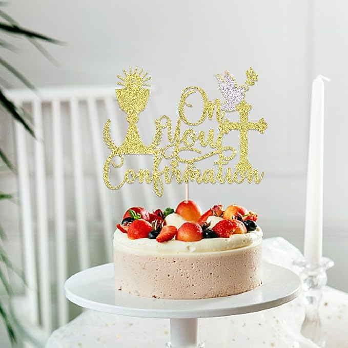 Gold Glitter Communion Cake Topper-Suitable for Ramadan, Religious Baptism, Baby Shower Birthday Party Decorations, Children's Birthday, God Bless, Wedding Party Decorations