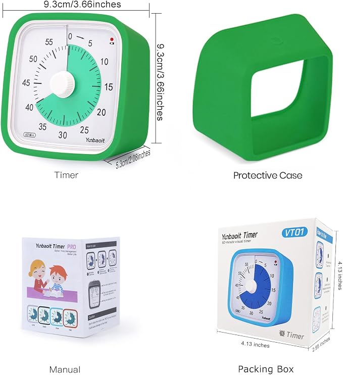 Yunbaoit Visual Timer with Protective Case, 60 Minute Silent Countdown Timer for Kids and Adults Clock Time Management Tool(Green)