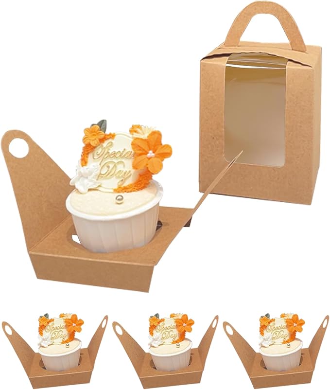 Bakepacker Auto-pop up Individual Cupcake Boxes with Window 200 Count Brown 3.6"X3.6"X4.3", for Cake, Treat Cookie Dessert, Pastry, Birthday Party, Weddings