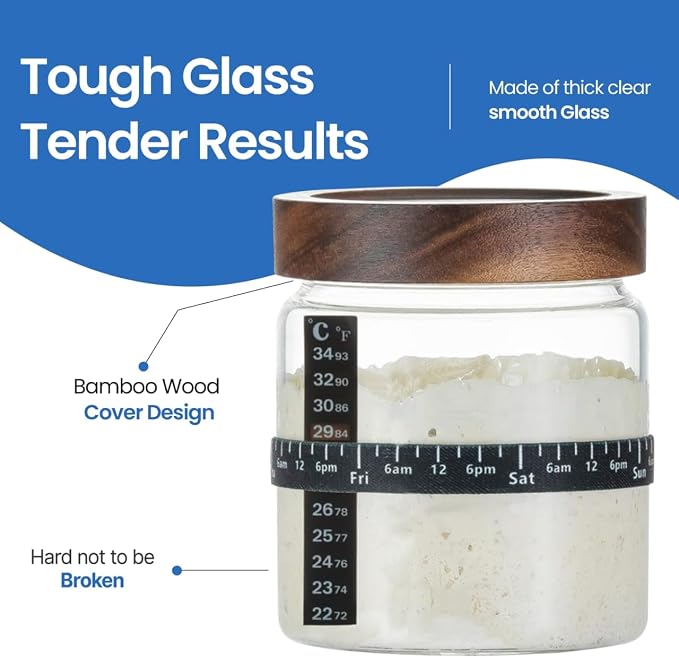 Sourdough Starter Jar Kit - Pack of 2, 35oz Wide Mouth Glass Jars for Sourdough Starter with Date Marked Feeding Scale, Thermometer, Cloth Cover, Scraper & Wooden Lid, Sourdough Jars