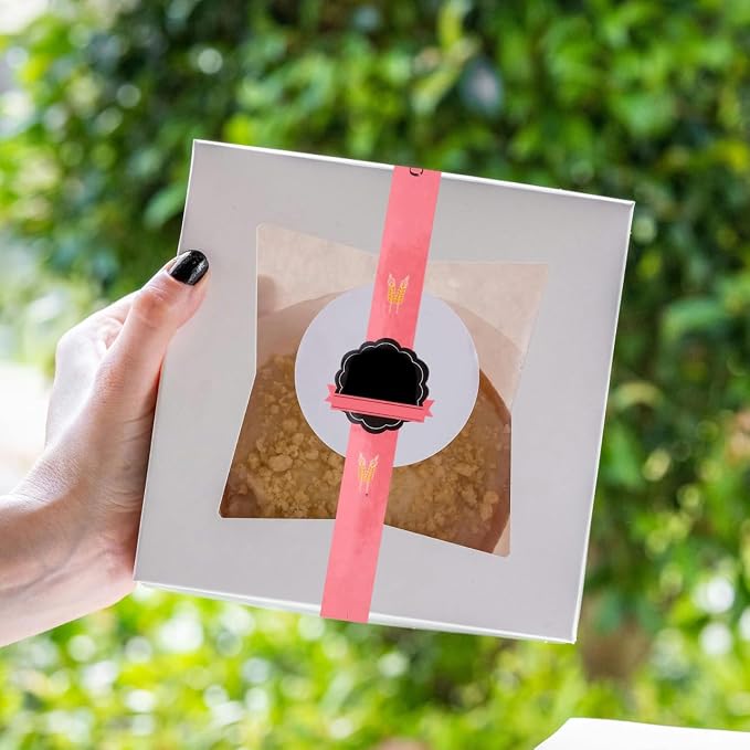 MAGICLULU 100pcs Self-Adhesive Baking Stickers for Cake Boxes, Biscuit Packaging, Paper Sealing Labels, Pink 11.49 X 0.78 Inches