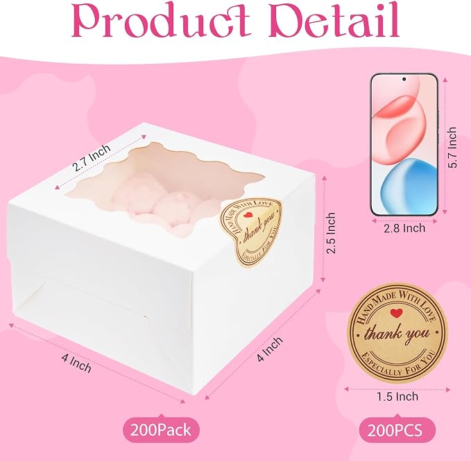 Homrelaxy 200pcs White Cookie Boxes with Window, 4x4x2.5 Inches Small Bakery Boxes with Stickers, for Mini Cake, Macaroon, Cupcakes, Treat Dessert, Candy, Donuts, Cookies, Strawberries, Chocolate
