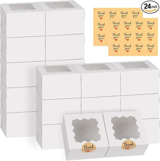 WINKIO 24pcs White Cookie Boxes, 4x4x2.5 Inches Bakery Boxes with Window, for Mini Cake Treat Dessert Pastry Donuts Macaroon Strawberries Chocolate Candy (with Stickers)