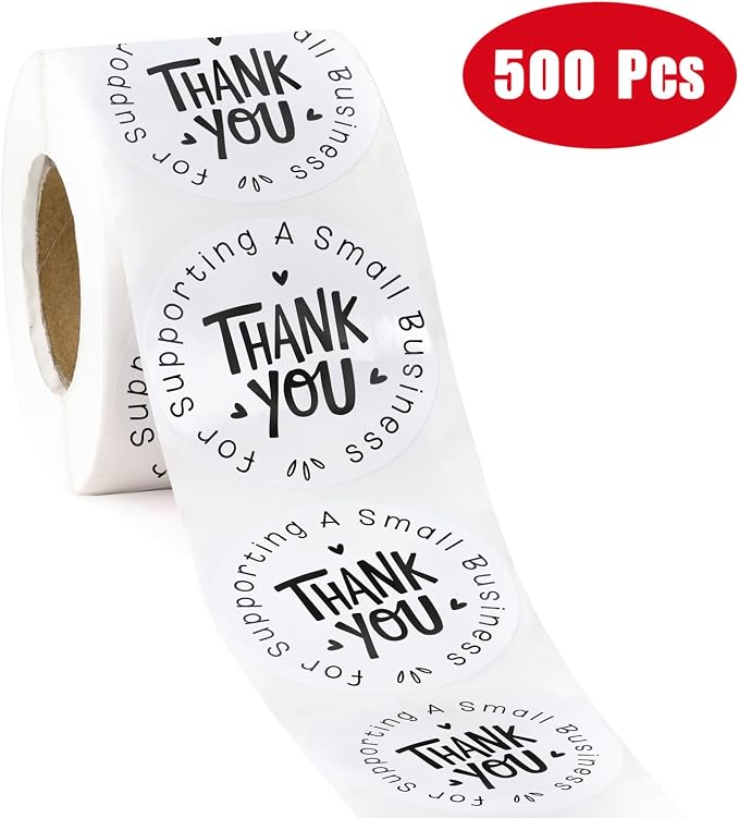 WRAPAHOLIC 2 Inch 500 Total Business Stickers Sheet Roll - Black White Small Business Text Design, Thank You Lables, Shipping Stickers for Party Decorations
