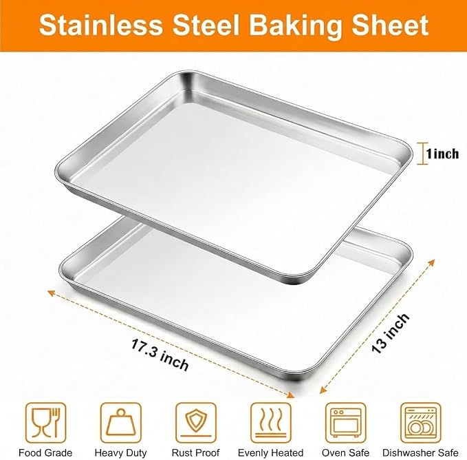 TeamFar Baking Sheet, 17.6’’ x 13’’ x 1’’ Stainless Steel Large Cookie Sheet Half Baking Pans, Non-toxic & Healthy, Easy Clean & Dishwasher Safe, Heavy Duty & Sturdy- Set of 2