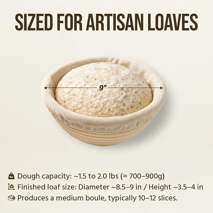Banneton Bread Proofing Basket Set, 2 x Round 9 Inch Bread Proofing Baskets, Bread Lame, Dough Whisk, Brush, Scrapers and Flour Duster, Sourdough Bread Baking Supplies and tools, Bread Making Kit