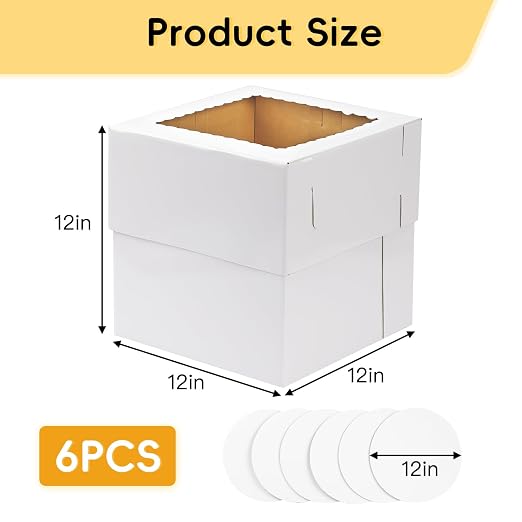 Moretoes 6 Pack 12x12x12 Inches Tall Cake Boxes with Boards for Tier Cakes, Thick Sturdy Bakery Box with Window for Valentine's Day, Mother's Day, Birthday, Wedding, Party