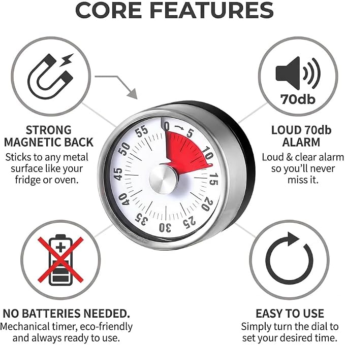 Magnetic Kitchen Timer, 60-Minute Mechanical Visual Countdown Timer, Loud Alarm & No Batteries Needed, Stainless Steel Timer for Cooking, Kids, Classroom, and Study