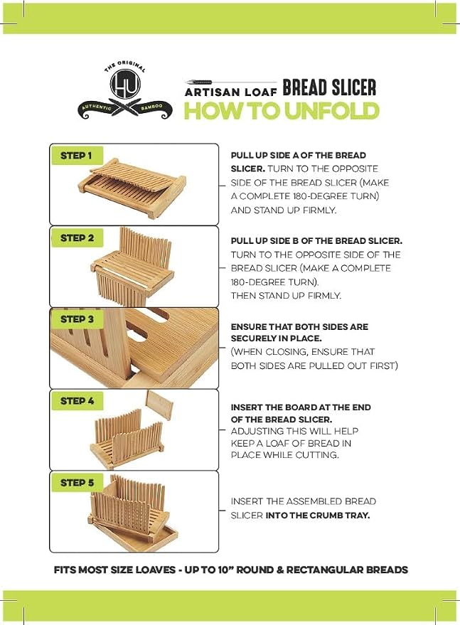 LHU Bamboo Wooden Bread Slicer for Homemade Bread Kit with Adjustable Slicer Guide, 12-Inch Bread Knife and Bread Bag- Rubber Base Grips - Sourdough Bread Cutter, Round Bread Loaf Slicer