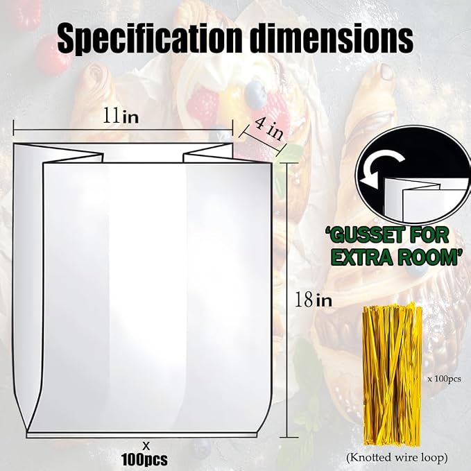 Reusable Bread Bags for Homemade Bread & Sandwich Bread ， 100 Pack Clear Plastic Storage Bags with Ties, Airtight Food Safe Design for Home Bakers and Bakeries（11"x4"x18"）