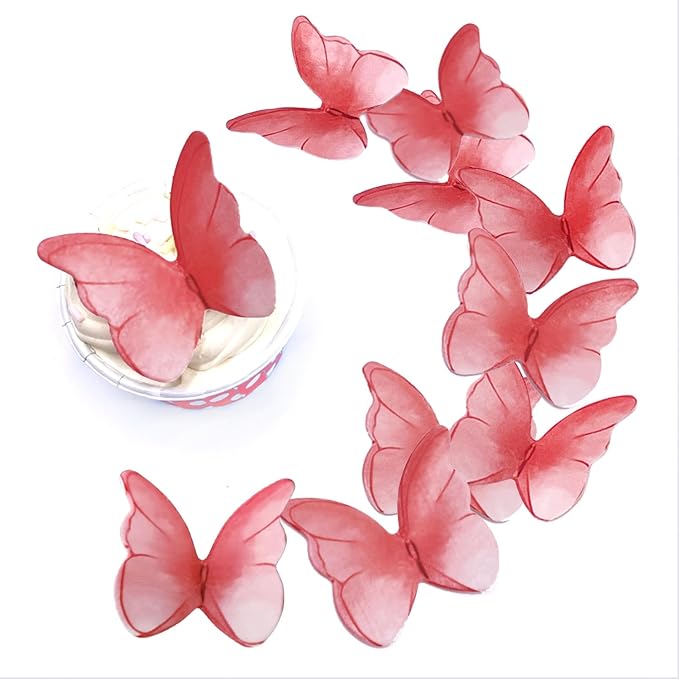 52 pcs edible wafer paper butterfly cake decoration, Cupcake topper multicolor butterfly decorative paper suitable for weddings birthdays Christmas cocktails (Watercolor red)