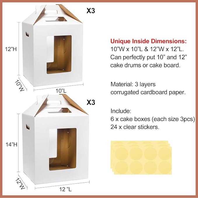 Mcfleet 6 Pack Tall Cake Box for Tier Cake with Window 2 Sizes 10x10x12 & 12x12x14 Inch, Disposable Large Layer Bakery Carrier with Handle - Bakery Safe Transport Box for Wedding, Birthday, Party