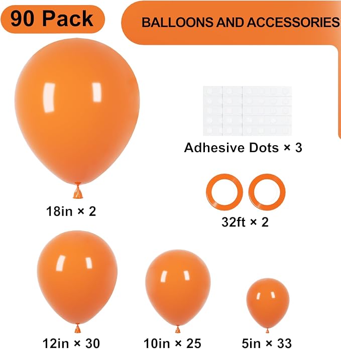 Voircoloria 90pack Orange Balloons Different Size 18/12/10/5 Inch Burnt Orange Balloon Garland Arch Kit for Thanksgiving Day, Fall Theme Party, Wedding, Birthday, Halloween, Baby Shower Decorations