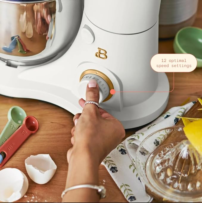Beautiful 3.5Qt Stand Mixer by Gourmias, Tilt-Head Electric Mixer with 12 Speeds, Stainless Steel Bowl, Compact Kitchen Mixer for Baking, Dough, Whipping and Mixing (White Icing)