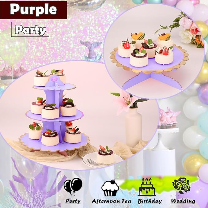 MRPAPA 3-Pack 3-Tier Purple Cupcake Stands | Disposable Cardboard Dessert Trays for Parties, Weddings