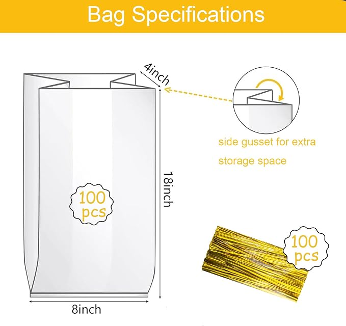 Plastic Bread Bags With Ties, 50 Pcs Printed Loaf Bags for Homemade Bread, Sourdough and Bakery Food - 8x18 Inch with 4" Side Gusset