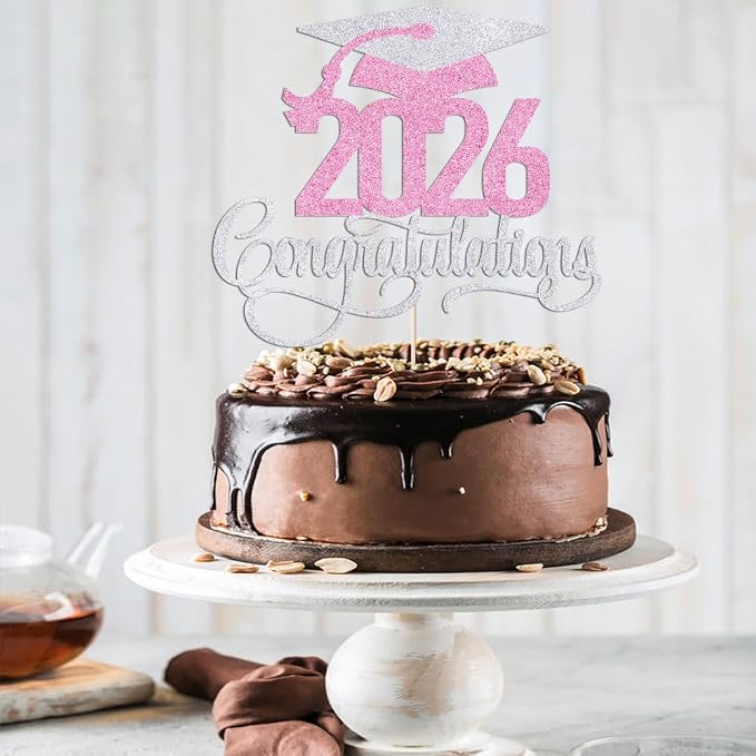 Silver pink 2026 Congratulations Graduation Cake Topper,Congrats Grad Cake Decor - 2026 High School/College/Senior Graduation Party Decorations Supplies