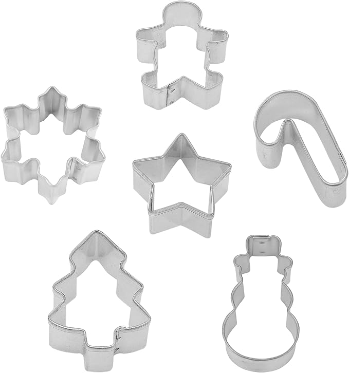 R&M Mini Christmas Cookie Cutter Set. Includes Gingerbread Man, Candy Cane, Snowman, Christmas Tree, Star and Snowflake. Stainless Steel