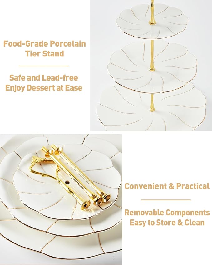 DUJUST Luxury Porcelain 3-Tier Cupcake Stand Tower, British Style Serving Tray with Golden Trim, Food Grade Dessert Display Stand, Beautiful Gift for Tea Party & Home Décor
