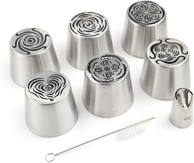 6 Pieces Stainless Steel Extra Large Russian Tulip Icing Tips Kit, Cupcake Dessert Marshmallow Piping Nozzles Set,1 Cleaning Brush,1 Medium Ruffle Icing Tip for Cake Decorations,Pastry Baking Tools