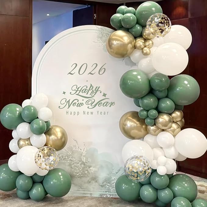 MEBAY Sage Green Balloon Arch Kit, 166Pcs Olive Green White Gold Balloons Garland for Baby Shower Birthday Wedding Jungle Safari Party Decoration