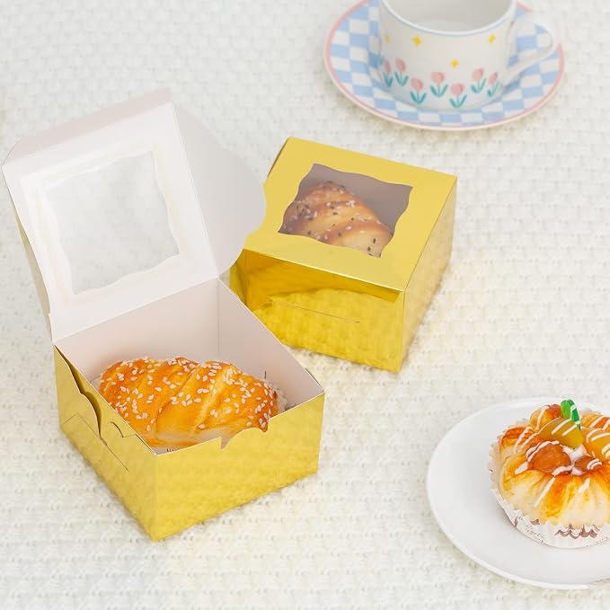 100Pcs Paper Cookie Boxes With Window Small Bakery Boxes 4x4x2.5 Inches Mini Cake Boxes For Pastries,Cupcakes,Desserts,Donuts,Chocolate Strawberries,Candy,Treat Boxes(Gold)