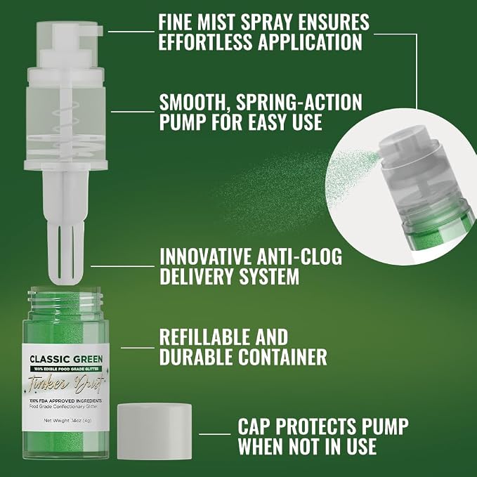 Bakell - Classic Green Tinker Dust (4g, 1x Mini Spray Pump) Edible Glitter for Food, Desserts, and Baked goods!