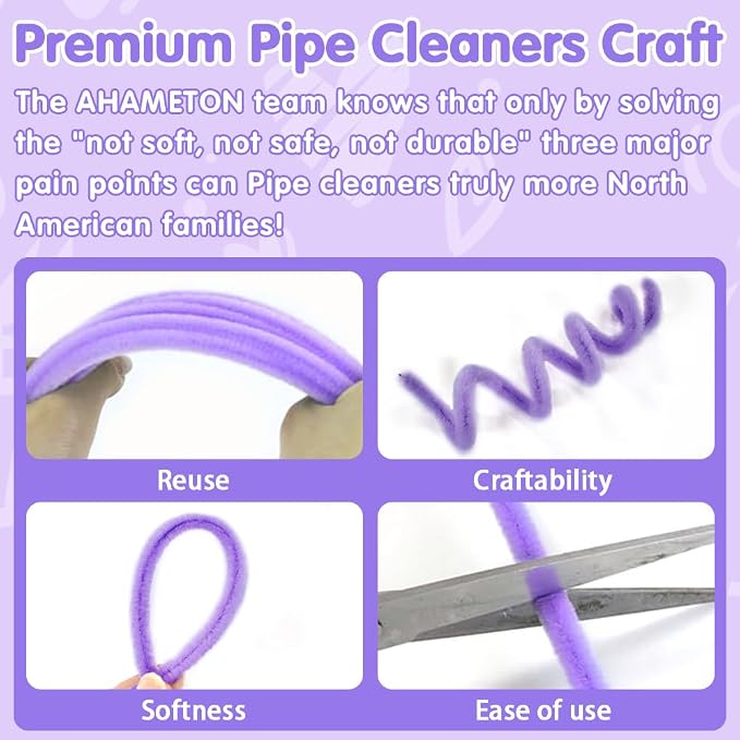 AHAMETON 620Pcs Purple Pipe Cleaner Flower Kit, 6 Colors Bulk Pipe Cleaners Craft Supplies with Wires, Stamens, Ribbon, Tapes, Card, DIY Flower Making for Gifts Home Decoration, Party & School Crafts