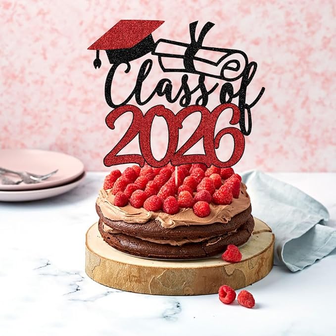 Gold Class of 2026 Congrats Grad Cake Topper Glitter Graduation Party Supplies - High School College Graduates -College Graduate Cake Topper Decorations (Class of 2026 Black red)