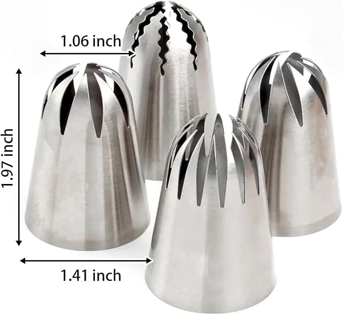 Large Cookie Piping Tips Set, 4 Stainless Steel Multi-Tooth Nozzles for Cake Decorating, Reusable Icing Tips for Cookies, Cupcakes, Korean Buttercream Flowers, Baking Supplies