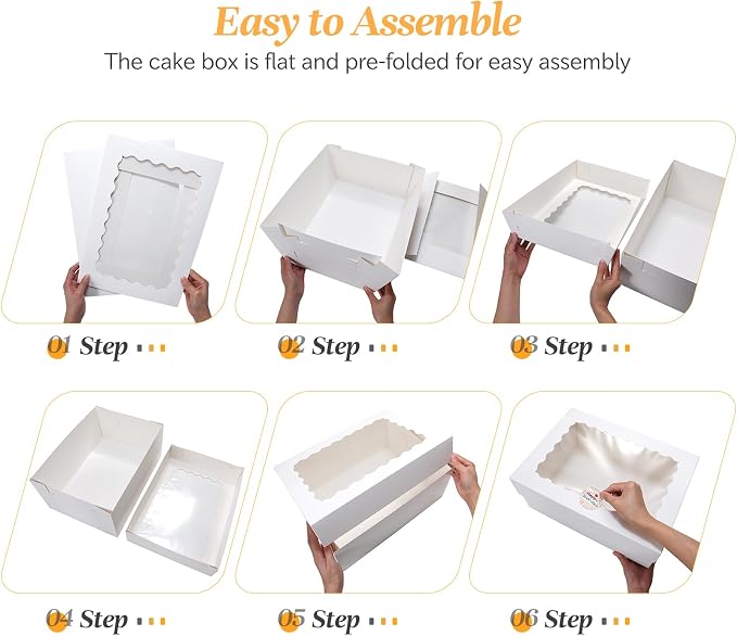 COTOPHER 14x14x6 In Sheet Cake Boxes, 16 Pcs White Bakery Boxes with Large Window (8 Boxes & 8 Boards), Cake Containers for Quarter Cakes, Donuts, Cupcakes, Brownie, Pastry & Pies Packaging