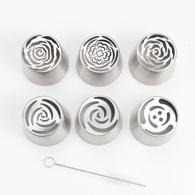 Extra Large Russian Piping Tip Set - 6 Stainless Steel Marshmallow Buttercream Framing Nozzles for 3D Roses Tulip Cake Decorations and Marshmallow Bouquets, Includes 1 Cleaning Brush(6C)