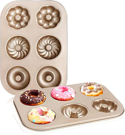 Beasea Donut Molds for Baking 6-Cavity, 2 Count Mini Small Doughnut Baking Pan Nonstick Bagel Carbon Steel Tray Bagels Mold for Oven